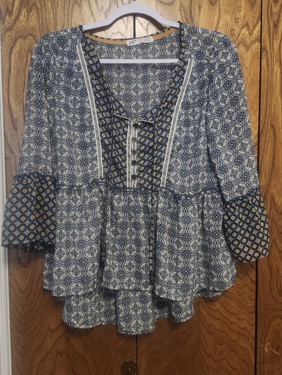 Jolt Tops - Jolt Blue and White Tiered Boho Blouse